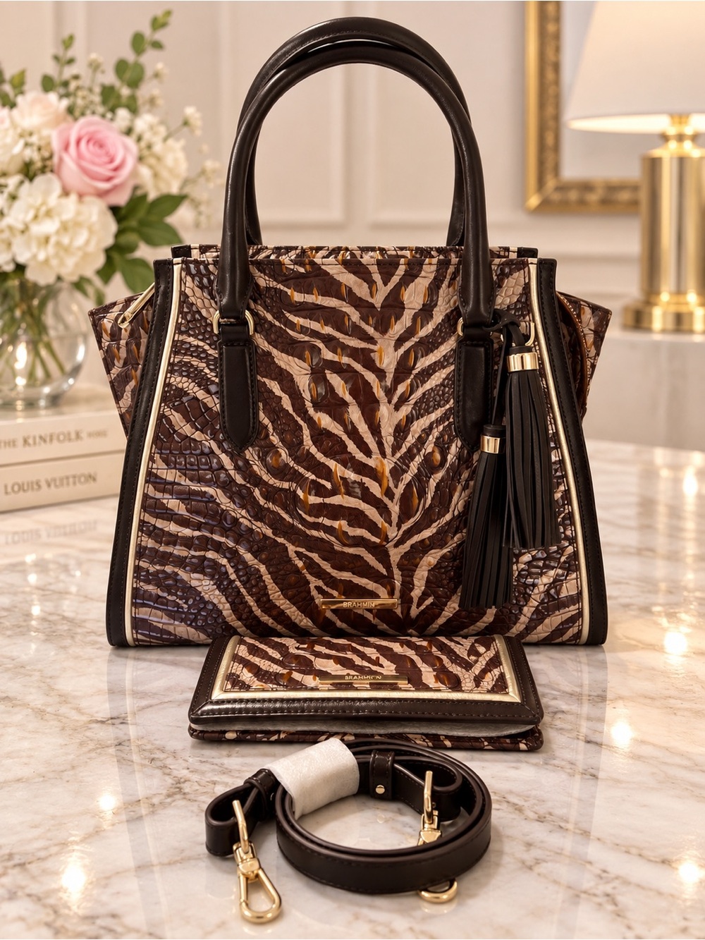 Brahmin Coffee Bengal Priscilla NWOT with Matching Ady Wallet, HTF, Like New!